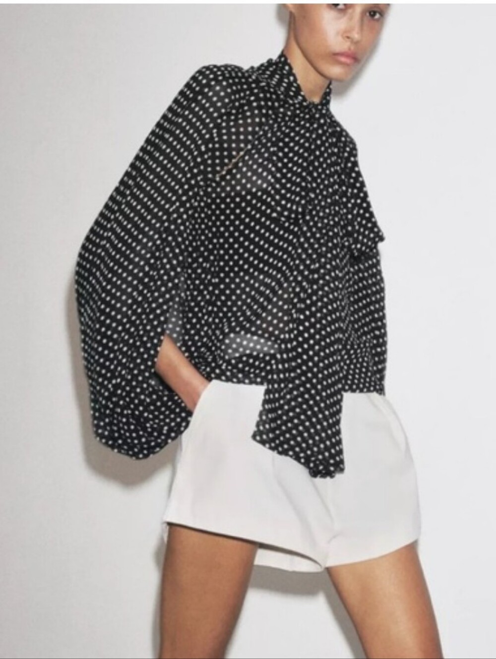 Zara ZW Collection Sheer Polka Dot Cape Tie Blouse Black White XS